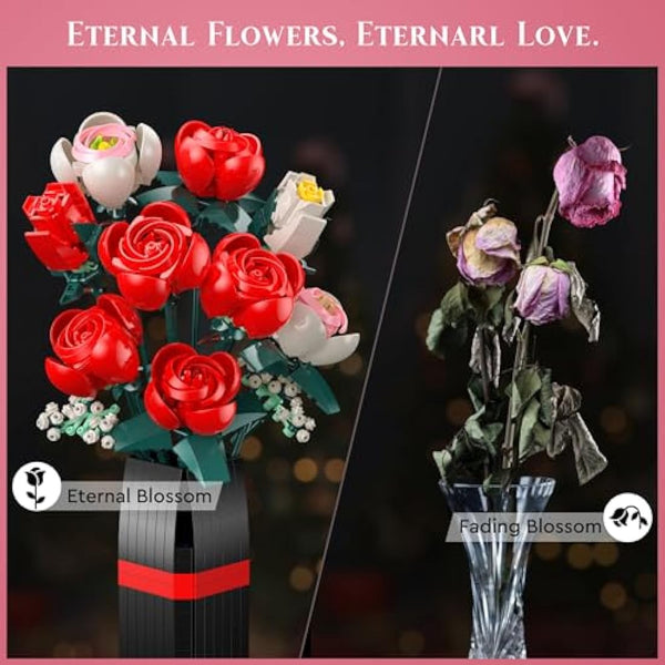 Flowers Bouquet Building Set, 841 PCS - 11 Office Home Forever Rose Decor Plant Building Kits with Vase, Gifts for Kids Birthday Adults Women Valentines Mothers Day