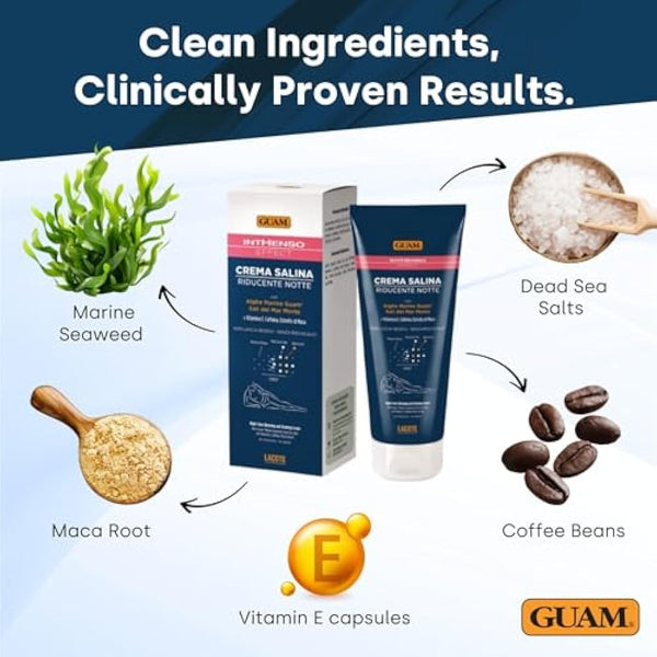 GUAM Seaweed Anti Cellulite Cream for Women with Vitamin E Caffeine and Maca Extract - 200ml Intensive Saline Reducing Night Treatment - Skin Tightening Cream Body Slimming, Firming & Draining Action