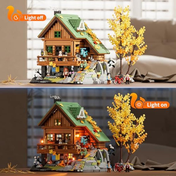 FUNWHOLE Mountain Cabin Lighting Building Bricks Set, 2255 Pcs Friends Modular House Toy Buliding Blocks Set for Adults and Teen
