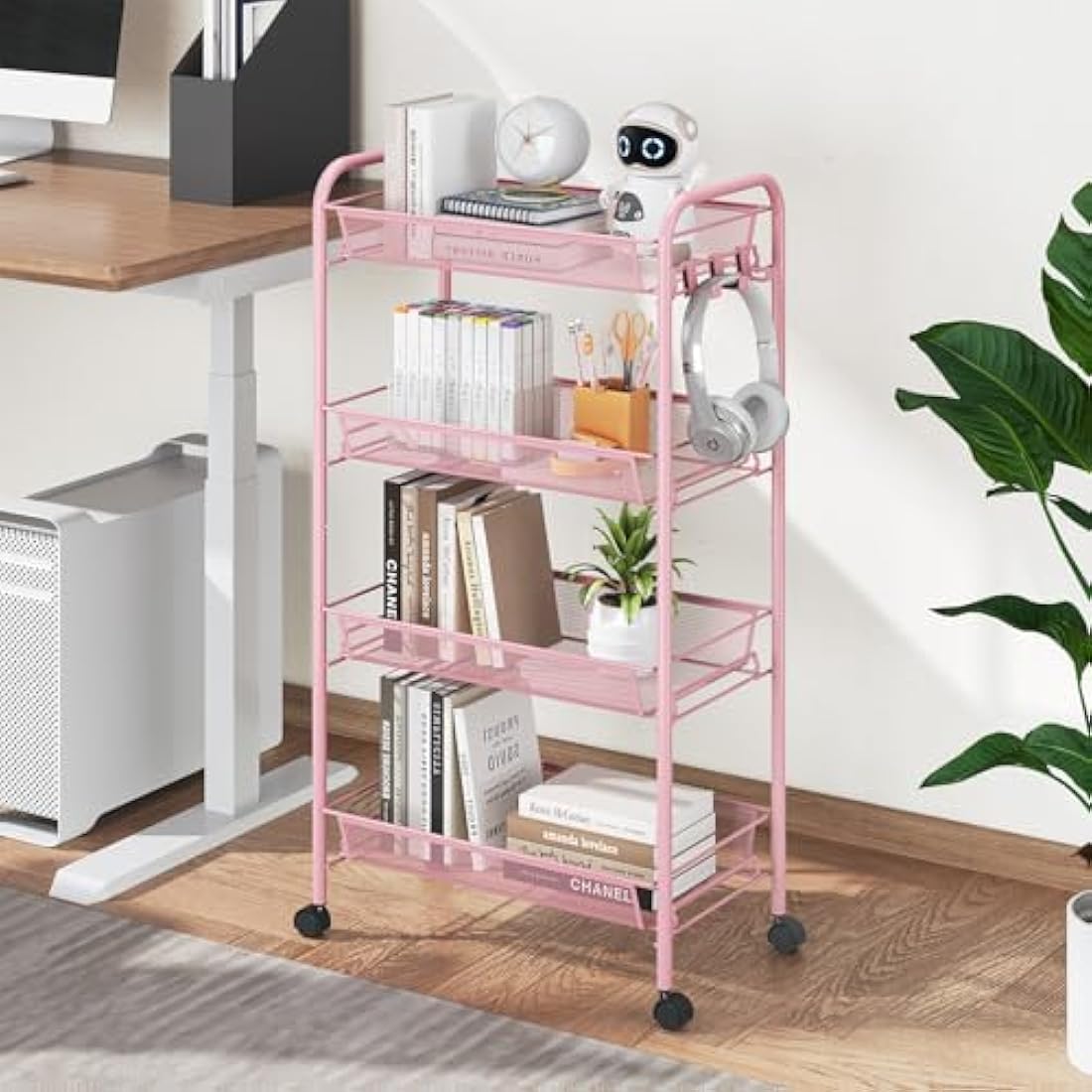 APEXCHASER 4-Tier Rolling Cart,Easy Assemble Mobile Storage Trolley On Wheels,Slide Out Utility Cart Shelving Units Kitchen Bathroom Laundry Room,Pink