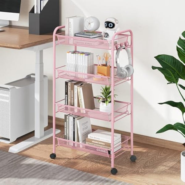 APEXCHASER 4-Tier Rolling Cart,Easy Assemble Mobile Storage Trolley On Wheels,Slide Out Utility Cart Shelving Units Kitchen Bathroom Laundry Room,Pink
