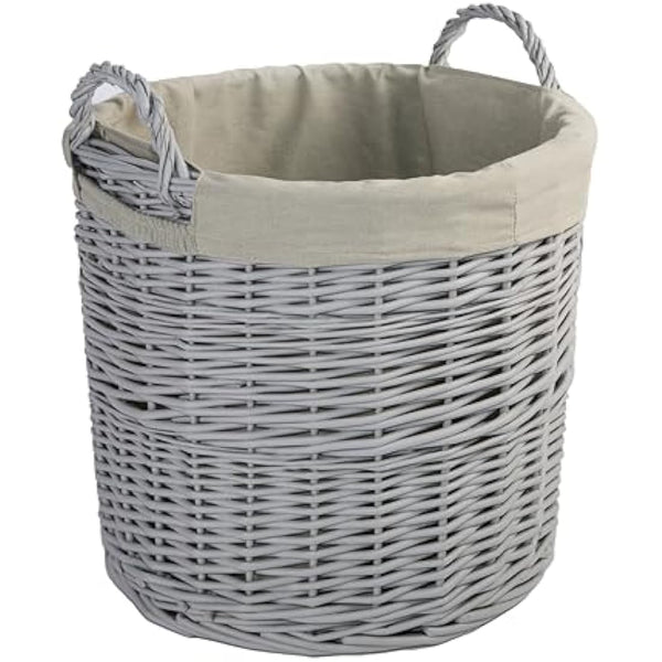 Home Storage Grey Painted Round Wicker Basket Laundry Toys Baby Nursery Collection Box (Medium)