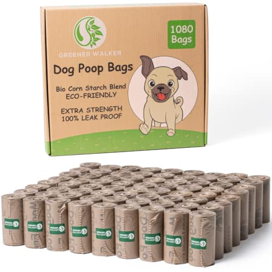 GREENER WALKER Poop Bags for Dog Waste 1080 Bags, Extra Thick Strong 100% Leak Proof Biodegradable Dog Waste Bags (Brown)