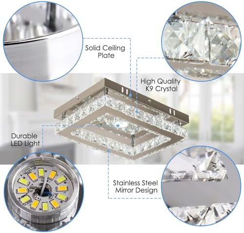 Finktonglan Modern LED Crystal Ceiling Light Rectangular Ceiling Lamp K9 Stainless Steel Flush Mount Chandelier Ceiling Lights Fixture for Dining Room Living Room Bedroom (Dimmable)