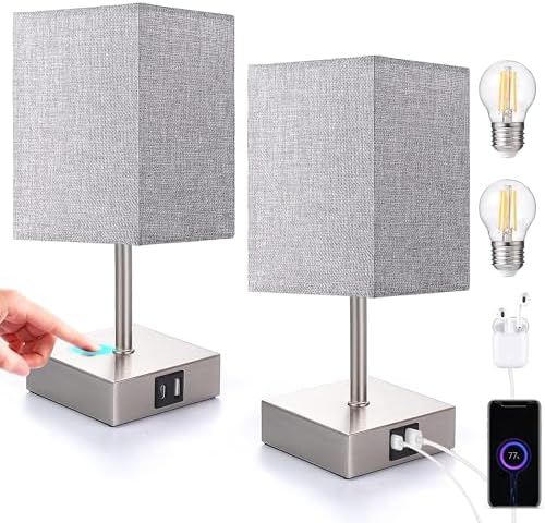 EDISHINE Bedside Lamps Set of 2, 3 Way Dimmable Table Lamp with USB A+C Charging Ports, Touch Lamps for Bedroom, Living Room, Grey (LED Bulbs Included)