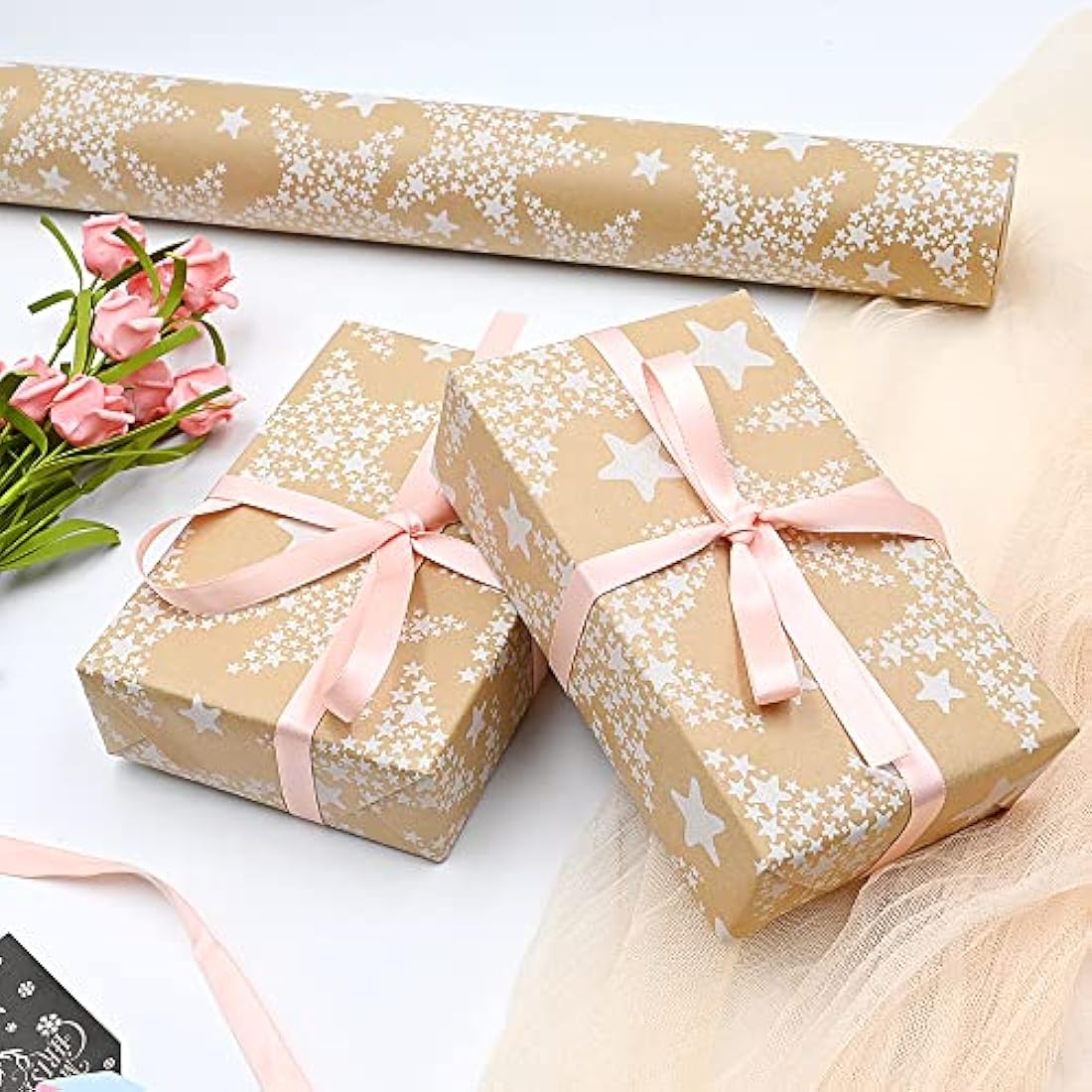43cm*15m Gift Wrapping Paper Roll with White Star,Topeedy Recycle Kraft Wrapping Paper for Birthday Women's Day