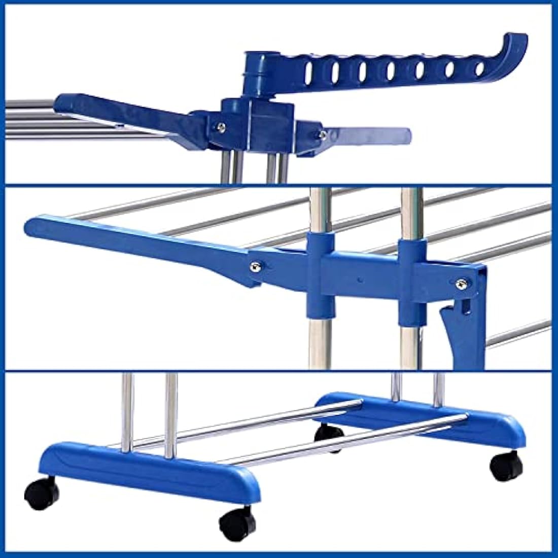 IFJA 4 Tier Airer Clothes Drying Rack | Adjustable Rolling Stainless Steel Laundry Rack Stand with Foldable Wings Casters for Indoor Outdoor | Garments Blue Hanger with Retractable Trays | 74x170x48cm