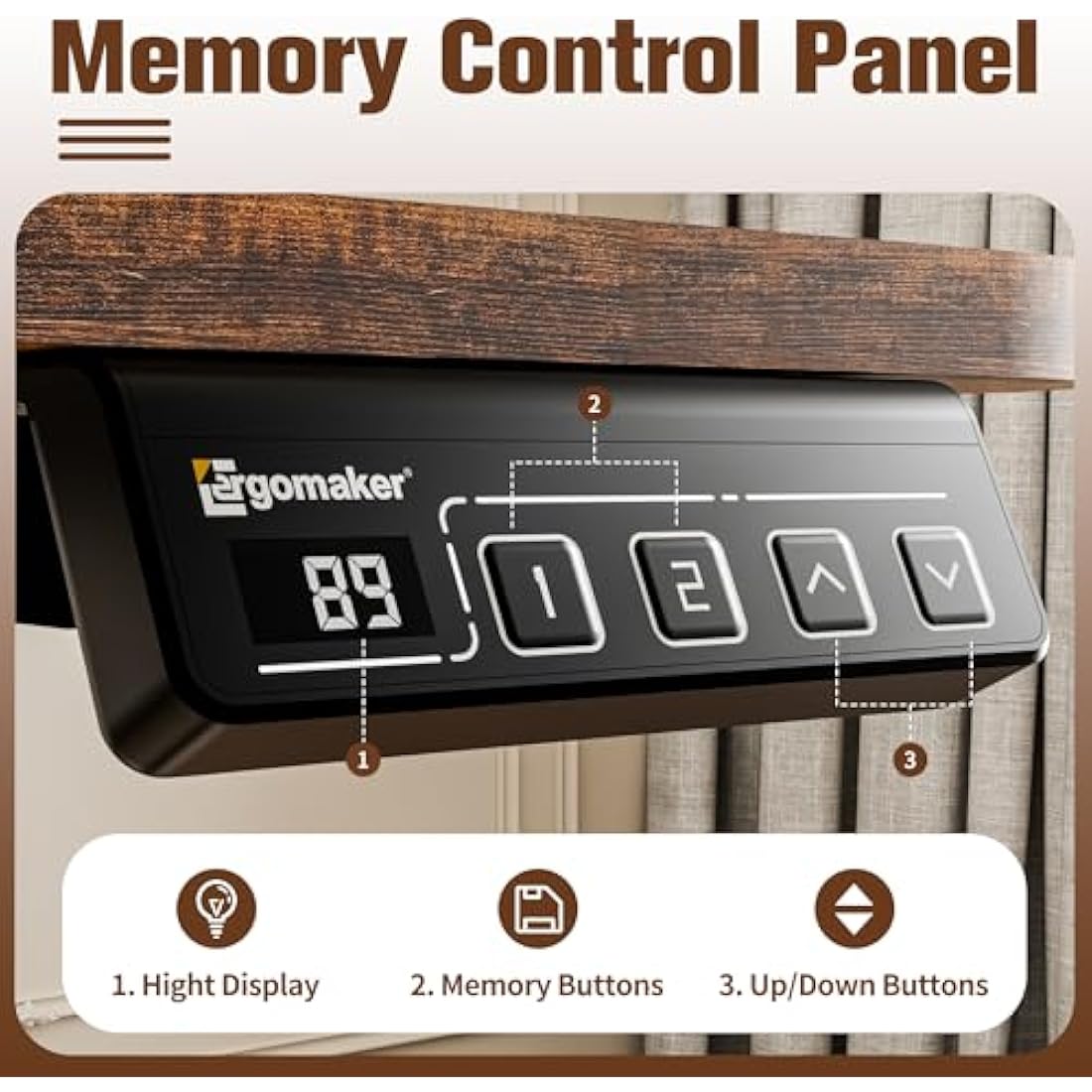 ERGOMAKER Electric Standing Desk 90x60cm, Height Adjustable Sit Stand Desk with Memory Handset Hooks for Home Office(Rustic Brown)