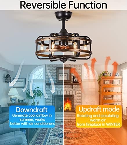 IZOWE Ceiling Fans with Lights and Remote, Industrial Caged Ceiling Fan 3 Speed Vintage Reversible Ceiling Fans with Lamps for Bedroom Dining Room Kitchen E14*6