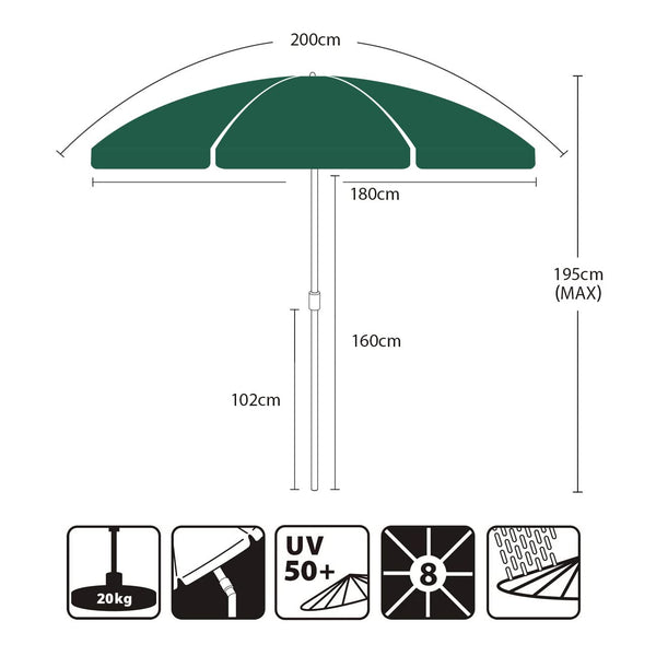Sekey 2m Garden Parasol with Umbrella Cover - Adjustable and Portable Patio Umbrella for Beach, Garden, Pool, and Patio - UPF 50+ Sun Protection