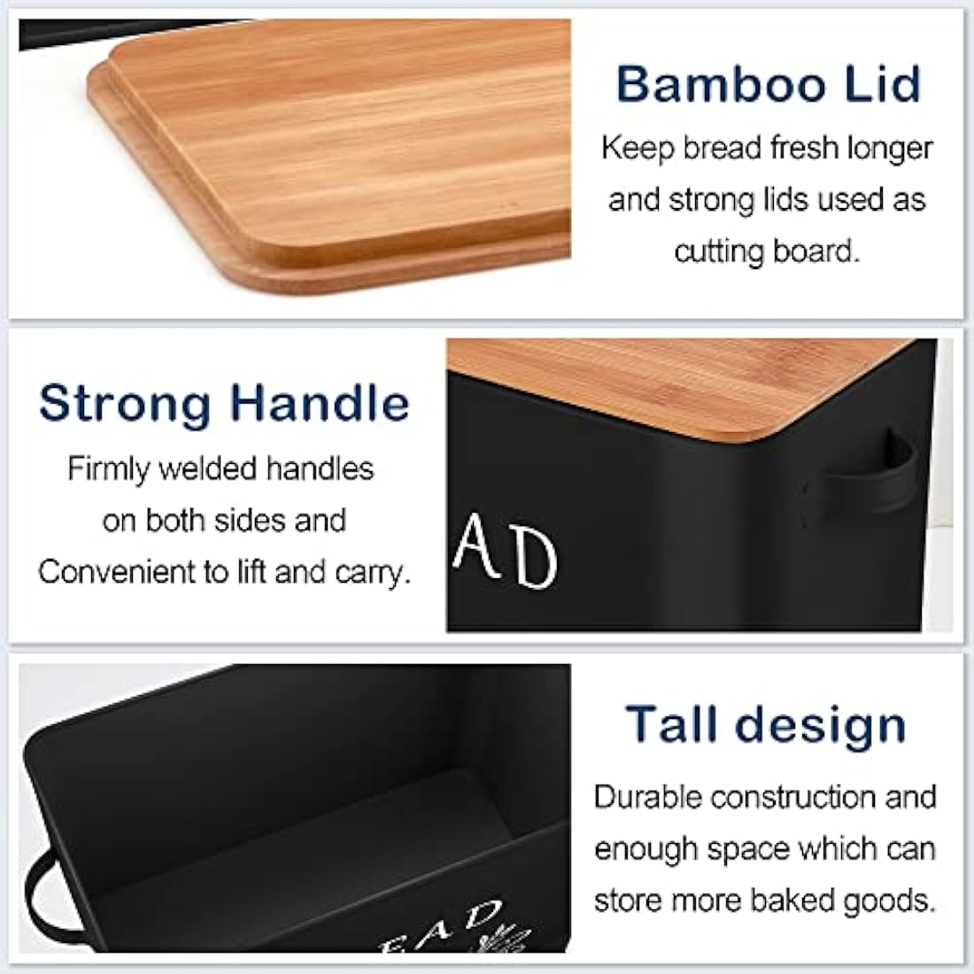 Herogo Bread Bin, Metal Bread Box with Wooden Lid for Cutting Loaf Board, Extra Large Loaf Holder Holds 2 Loaves, Space Saving Storage for Kitchen Countertop, 33x18x24.5cm (Black)