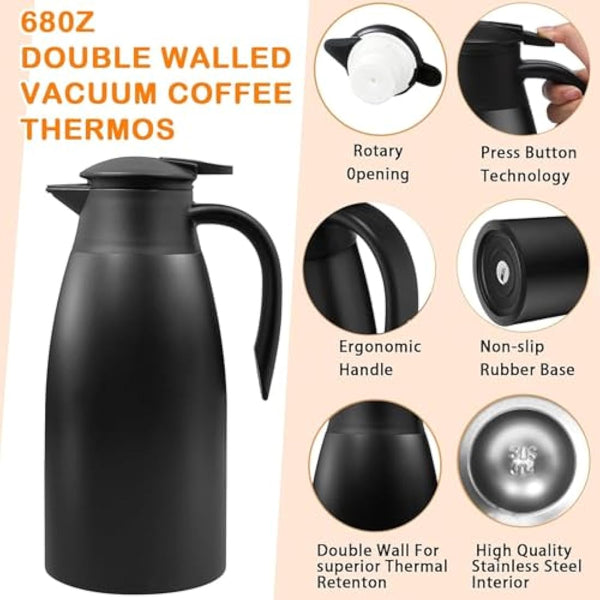 2 Pack 2L Thermal Coffee Carafe Jug, 68 OZ Black Stainless Steel Insulated Jug Tea Pot, Double Walled Vacuum Carafe Jugs for Coffee Tea Hot Water Hot Beverage (12+ Hrs Heat&24+ Hrs Cold Retention)