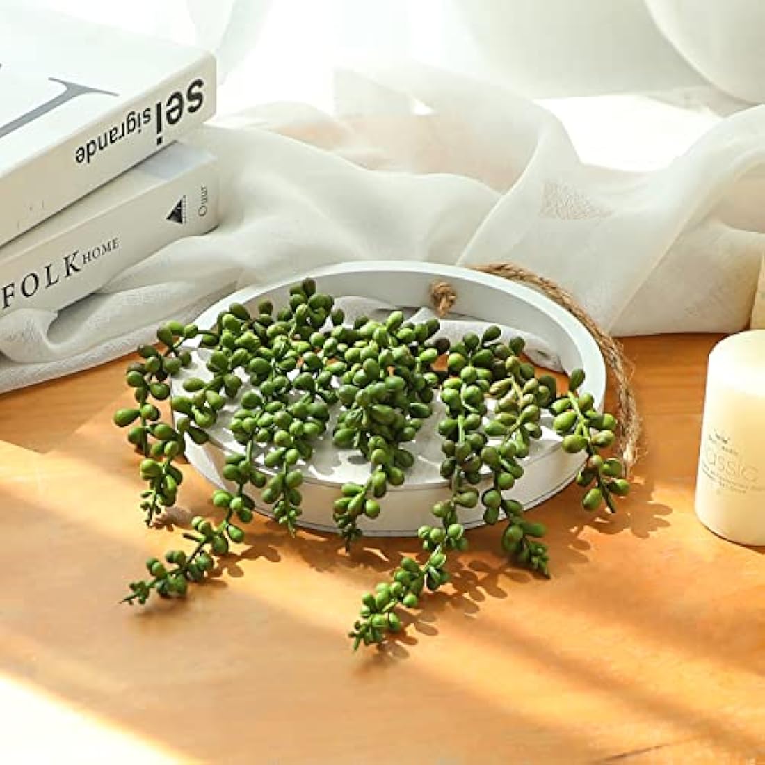 Hobyhoon Hanging Plant Artificial Succulents Fake String of Pearls Plants 12.2'' in Wooden Pot for Indoor Outdoor Wall Decor (1PCS)