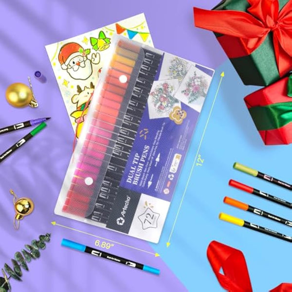 Artecho 72 Dual Tip Brush Pens, Colouring pens for Adult, felt tip pens, Colouring Books, Calligraphy, Drawing, Sketching, nylon tip for Artists, Beginners