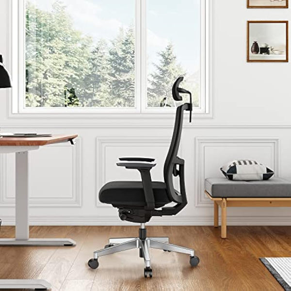 Duwinson Ergonomic Home Office Chair With 4-Way Adjustment Armrest, Mesh Computer Desk Chair, Reclining Adjustment Back Support, Adjustable Headrest, Padded Lumbar Support (Black-PI)