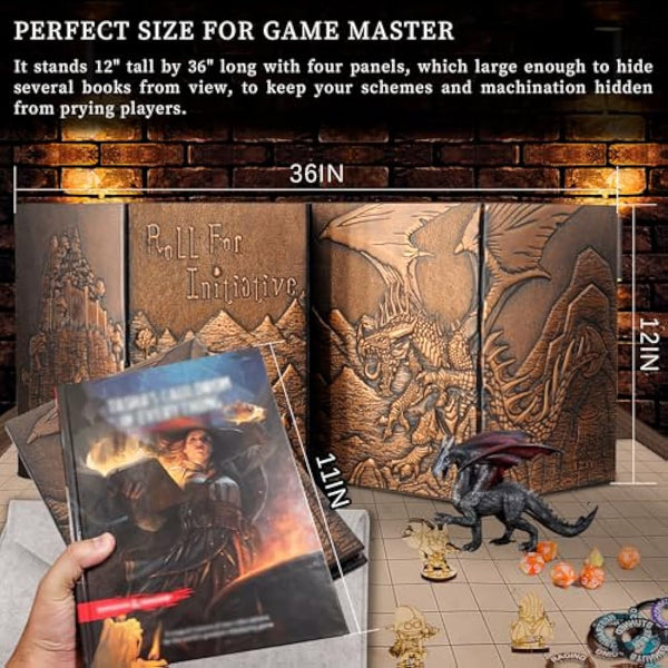 DND Dungeon Master Screen Faux Leather Embossed Dragon & Mimic, Four-Panel with Pockets DM Screen for Dungeons and Dragon, Pathfinder, D&D