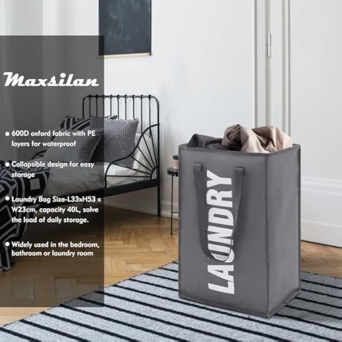 Maxsilan 50L Laundry Basket with Extended Handle, Collapisable Laundry Bag, Foldable Laundry Hamper, Folding Washing Storage Bin, Dark Grey
