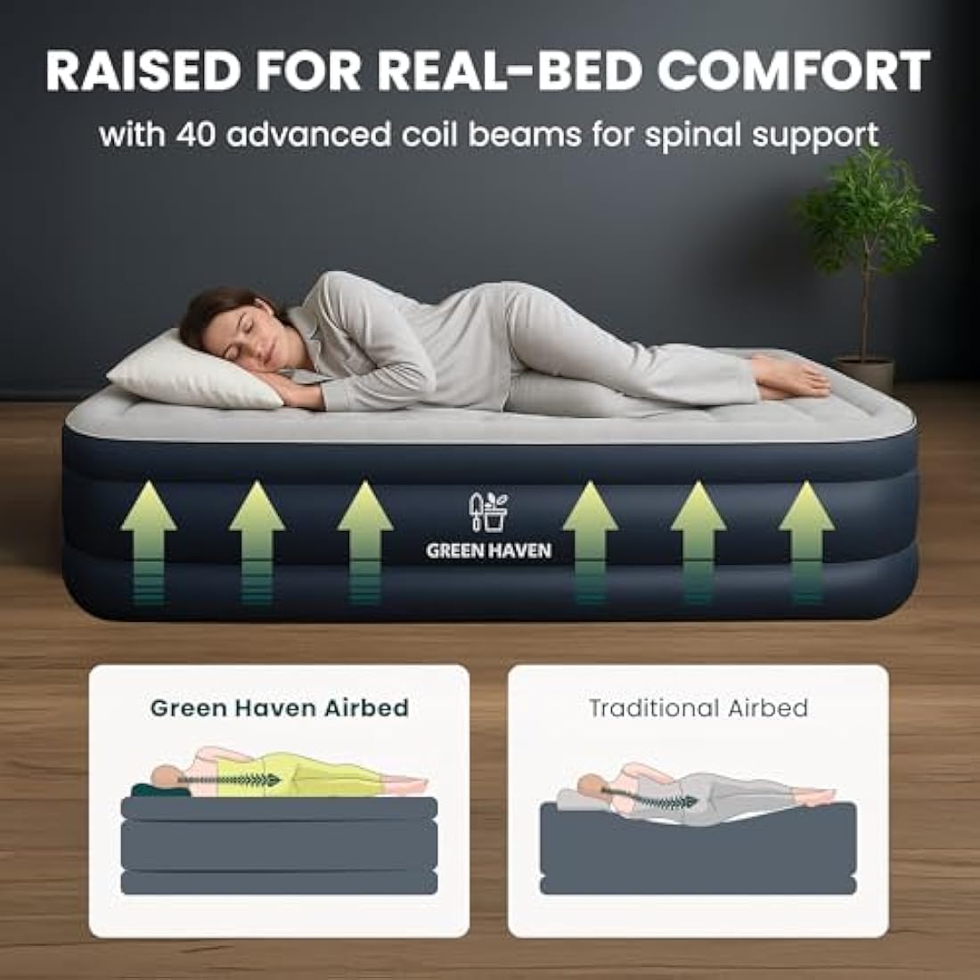 Green Haven Raised Single Air Bed with Built-in Electric Pump – Self-Inflating Blow-Up Mattress with Storage Bag – Waterproof & Durable Camping Air Mattress for Indoor & Outdoor Use