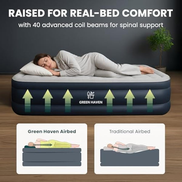 Green Haven Raised Single Air Bed with Built-in Electric Pump – Self-Inflating Blow-Up Mattress with Storage Bag – Waterproof & Durable Camping Air Mattress for Indoor & Outdoor Use