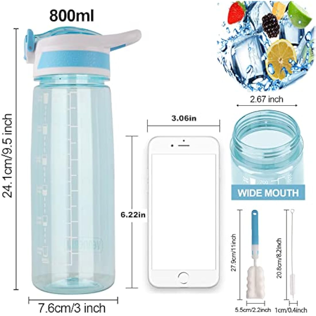 VENNERLI Water Bottle with Straw and Time Marking, Sports Water Bottle BPA Free Leak Proof Dishwasher Safe Reusable Tritan Drinks Bottle Durable Motivational for Adults Outdoor 800ml