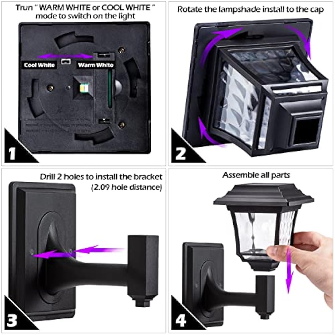 LeiDrail Solar Fence Lights, 2 Modes Solar Lights Outdoor Garden Cool White/Warm White LED Solar Powered Wall Lights Waterproof Decor for Patio Yard 4 Pack