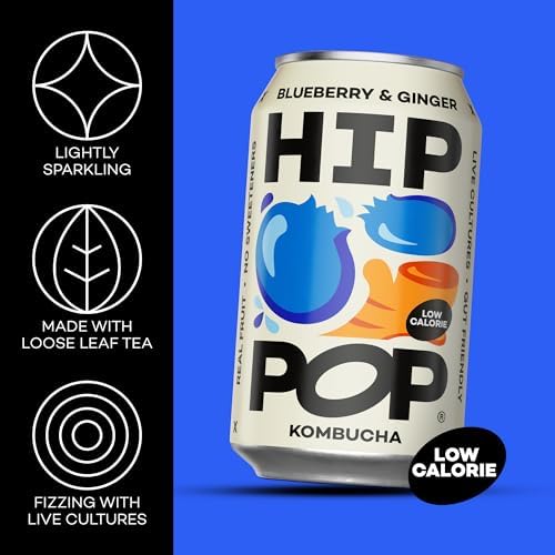 Hip Pop Kombucha, Blueberry & Ginger, Low Calorie, 100% Natural, Vegan, Branding of Cans May Vary, 24 x 330 ml
