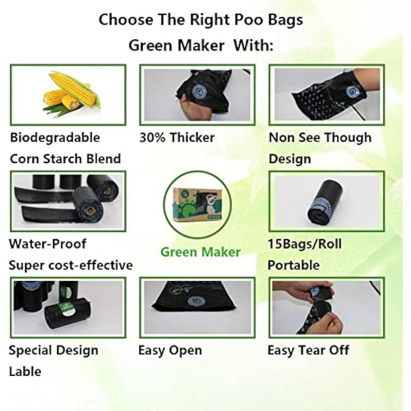 Green Maker Biodegradable 30% Thicker Dog Poop Bags 360 Dog Waste Bags Extra Thick Strong Made from Corn Starch Plants Based (Green)