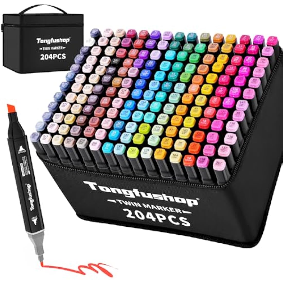 Tongfushop 204 Colored Marker Set, Colouring Pens for Adults, Art Felt Tip Pens, Dual Tip Permanent Alcohol Markers for Drawing, Sketching, Anime, Manga, Fun doodling with Carrying Case & Storage Base