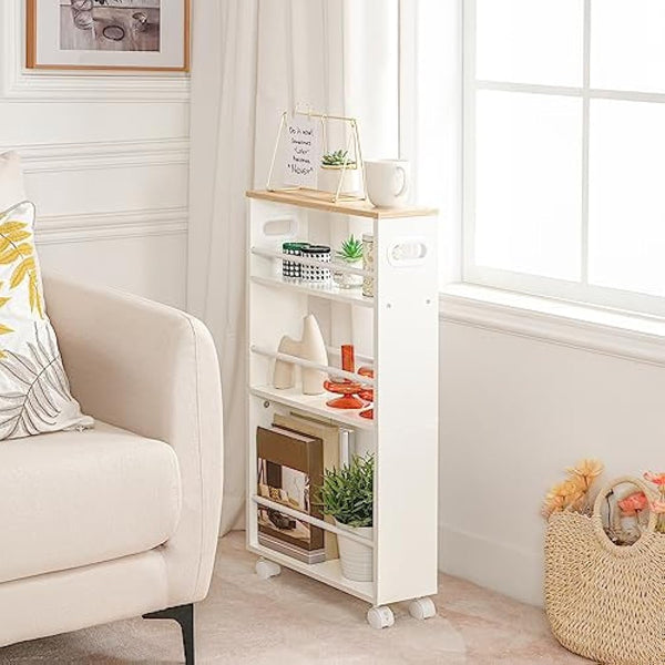 HOOBRO Slim Storage Trolley, Narrow Kitchen Cart, Slide Out Kitchen Trolley on Wheels, 4-Tier Rolling Utility Cart with Handle, for Small Space, Bathroom, Living Room, White and Natural EWN15TC01