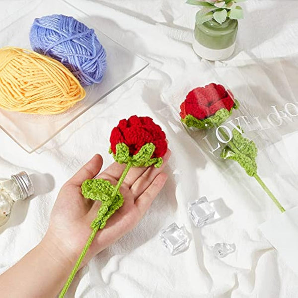 FINGERINSPIRE 2pcs Handmade Knitted Rose Flower with Package Bag Artificial Knitted Flowers Crochet Rose Handmade Single Red Roses for Wife/Girlfriend/Lovers, Birthday, Anniversary, Festival Gift
