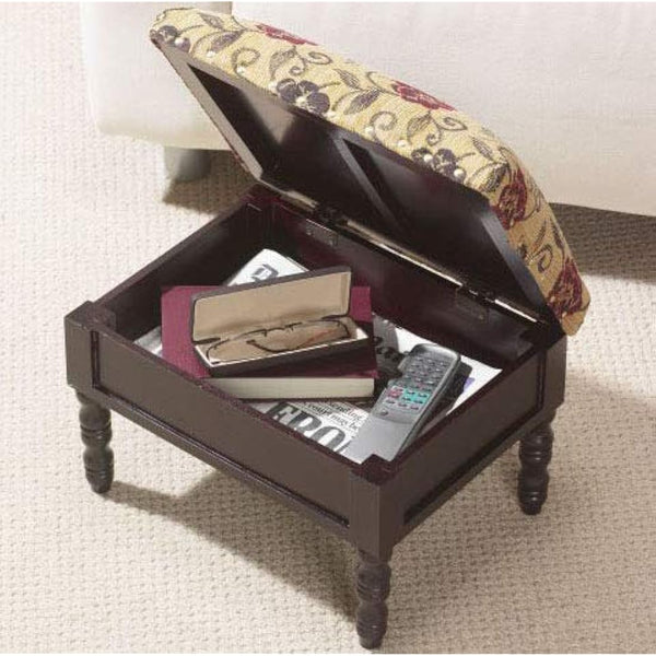 Floral Fabric Footstool with Storage Compartment and Padded Lid – Upholstered Ottoman for Living Room Comfort and Organisation with Dark Wood Classic Finish