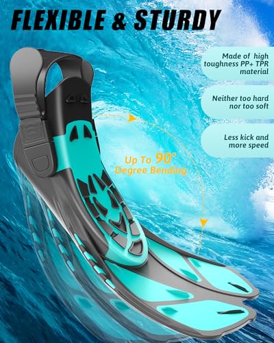 Lealinga Snorkel Set Adults Full Face Snorkel Mask with Flippers, Snorkeling Mask & Swim Fins, Panoramic View Snorkel Mask Fins Anti-Fog Anti-Leak