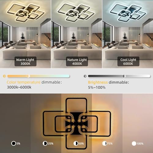 HIHIHOMY Modern Ceiling Light, With 6 Square Acrylic Crystal Frames, Dimmable With Remote Control, 3000K-6500K, Recessed Metal Led Ceiling Light For Kitchen