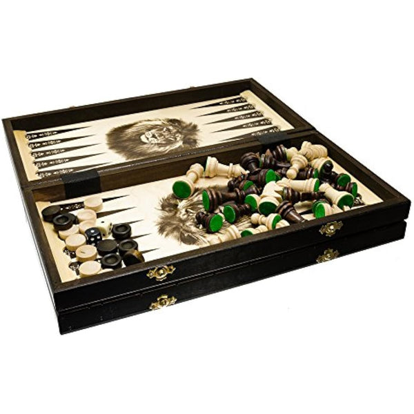 3in1 Backgammon Chess and Checkers Set | Master of Chess | XL Wooden Chess Board 40 cm | Handmade Portable Chess Draughts/Drafts Set for Adults and For Kids - Tournament Chess Figures NO.4