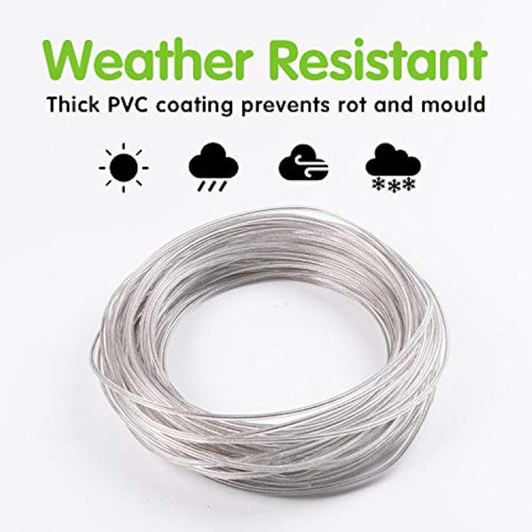 GZBtech 30m/100ft Clothes line for Outside Drying,Heavy Duty Extra Strong Washing Lines Rope with Steel Core & White PVC Cover, Rust-proof and Waterproof Laundry Line Outdoor Garden-Transparent