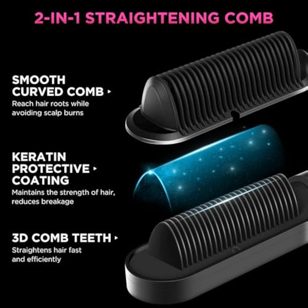 2 in1 Ionic Hair Straightener Brush, PARWIN PRO BEAUTY Hair Straightener Brush with 20s Fast Heating, Anti-Scald Design, 4 Heating Settings & LED Display, Keratin Ceramic Coating, Dual Voltage