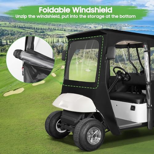 10L0L Golf Cart Deluxe Driving Enclosure 2 Passenger Fits EZGO TXT & RXV Golf Cart Only, Heavy Duty 600D Waterproof Portable Drivable Golf Cart Storage Cover Enclosure - Black