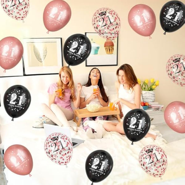 21st Birthday Decorations for Her, 15 Pcs Happy 21st Birthday Balloons Latex Helium Black Rose Gold Confetti Balloons for Girls Women Age 21 Years Old Birthday Celebration Party Decorations Supplies