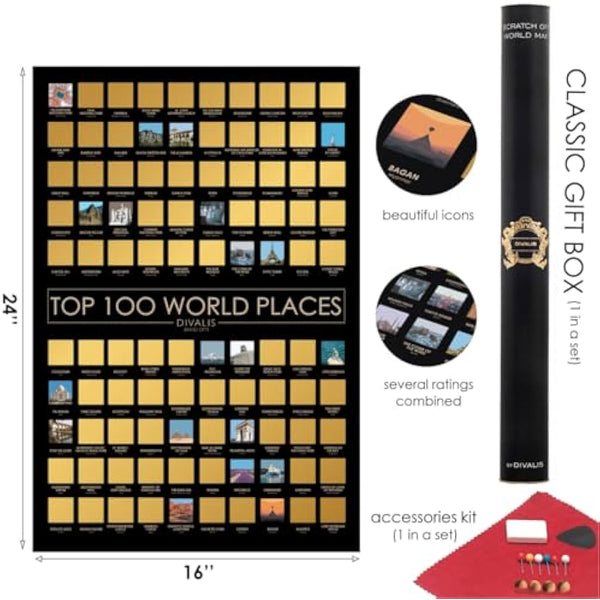 2 in 1 Large Gift Set - Scratch off World Map and Poster Scratch off Top 100 Places to Visit in the World - Best Places I`ve Been Map - Globetrotter Poster of Places Where You've Been - Bundle of Two