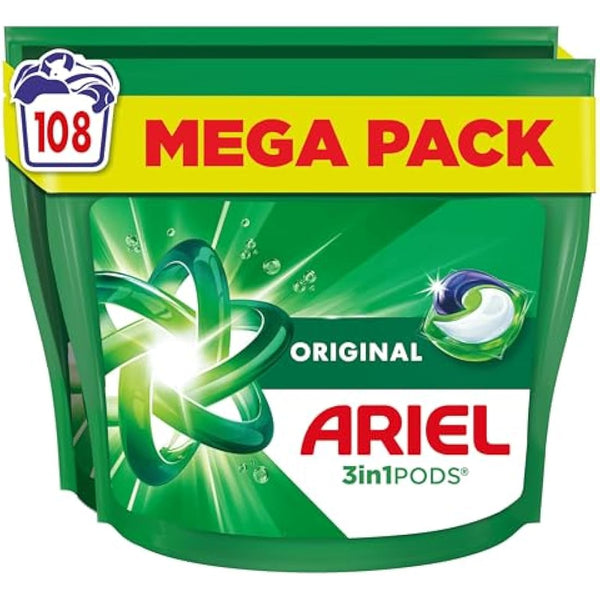 Ariel All-in-1 PODS®, Washing Liquid Laundry Detergent Capsules 108 Washes (54x2), Original, Outstanding Stain Removal In 1 Wash, Brrrilliant In Cold & Short
