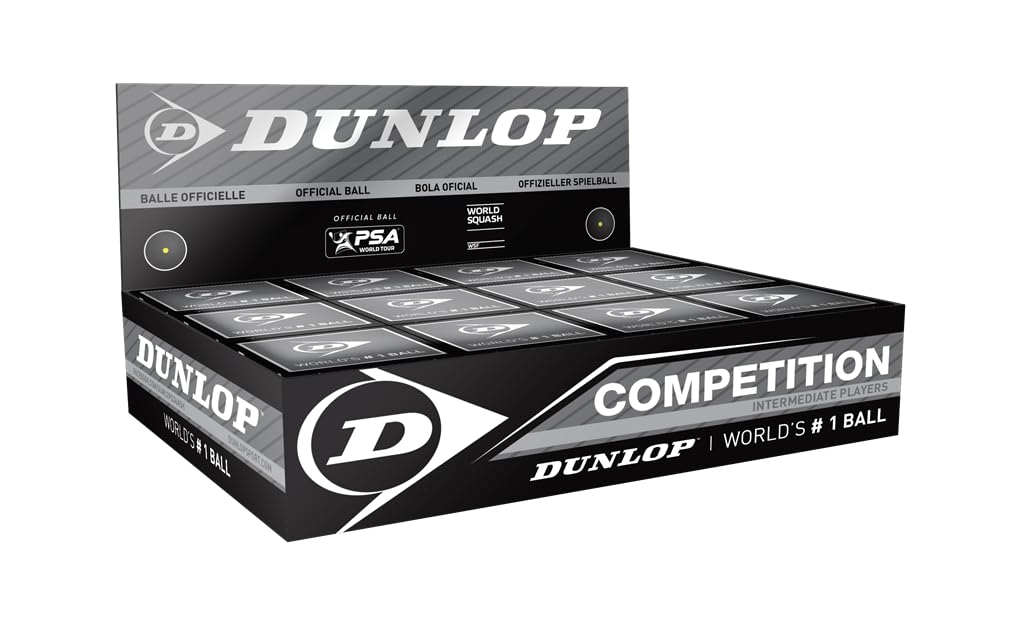 Dunlop Squash Balls Competition Yellow, 12 Balls, for Beginners and Advanced Players ? slow speed