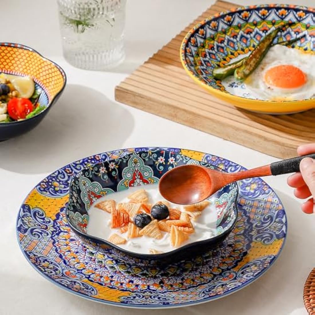 HENXFEN LEAD Porcelain Salad Bowl, 590ml Dessert Bowl Cereal Bowl, Multifunctional Flower Shaped Pasta Bowl for Ice Cream, Rice, Dessert, etc. Colourful, Pack of 6 - Bohemian Style