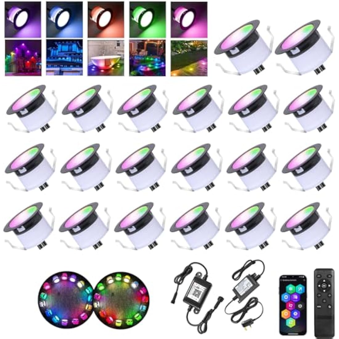 WiFi LED Decking Lights RGBW,Decking Patio Lighting Ø31MM 12V 0.6W IP67 Waterproof Smart Led Plinth Light Multicolor Chasing Effect Timer Recessed Deck Lights for Terrace Pathway Floor Decor-20 Pack