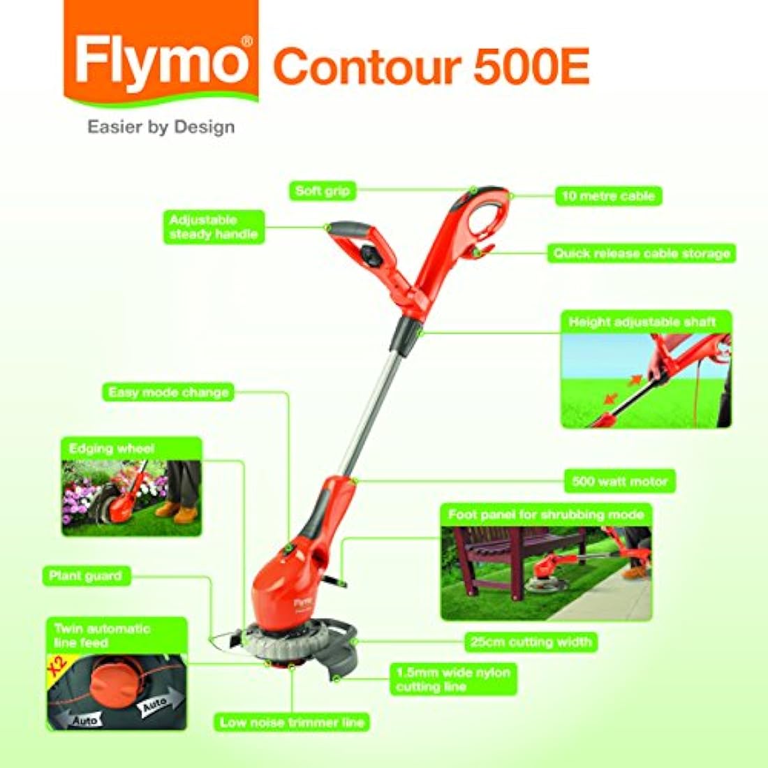 Flymo Contour 500E Electric Grass Trimmer and Edger, 500 W, Cutting Width 25 cm, Orange