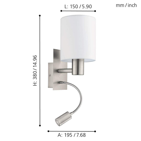 Eglo Pasteri LED Wall Light, Nickel Matt Steel and White Fabric Wall Lamp, E27 Socket, incl. Switch and Flexible Reading Lighting