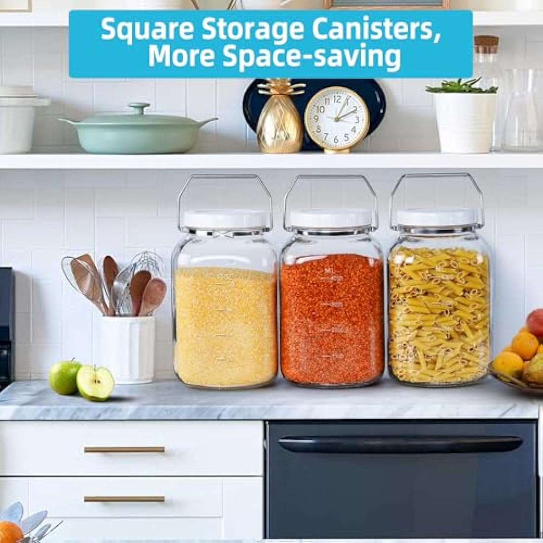 Absovetu 2 Pack Large Glass Jars with Lids Airtight 5.7 Litre - Square Glass Storage Jars with Handle Wide Mouth Mason Jar for Pasta Rice Pickle Cookie Sweet Biscuit Storage Containers