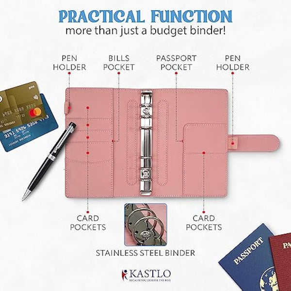 KASTLO A6 PU Leather 51pcs Budget Binder Notebook - Money Saving Wallet with Plastic Money Wallet Organiser, Label Sticker, Ruler - Budget Planner & Cash Envelopes for Cash Stuffing Wallet UK - Nude