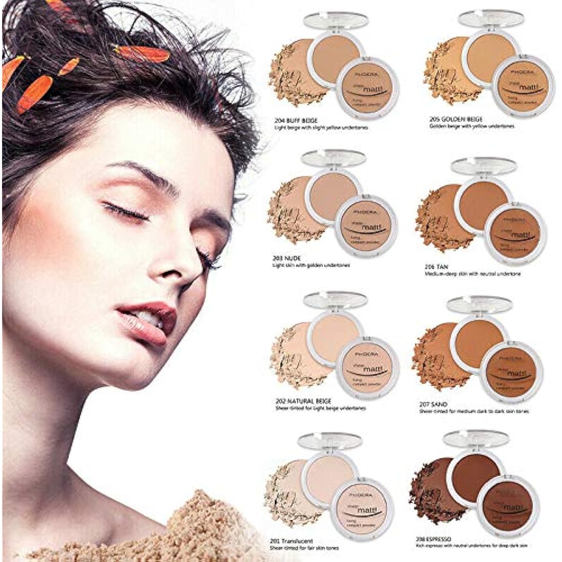 AQUAPURITY PHOERA Sheer Matte Compact Powder Fixing Powder Makeup Base Fixer Setting Powder Foundation Fixing Compact Pressed Powder Long Lasting Make Up Fixer Skin Vitamin E Beauty Blender (203 NUDE)