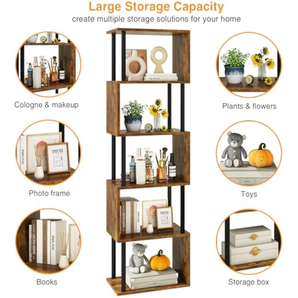 IBUYKE 6-Tier Tall Bookshelf,S-Shaped Geometric Bookcase, Wood Display Shelves With Storage,Industrial Bookshelf for Living Room Bedroom, Home Office, Rustic Brown WBC016H