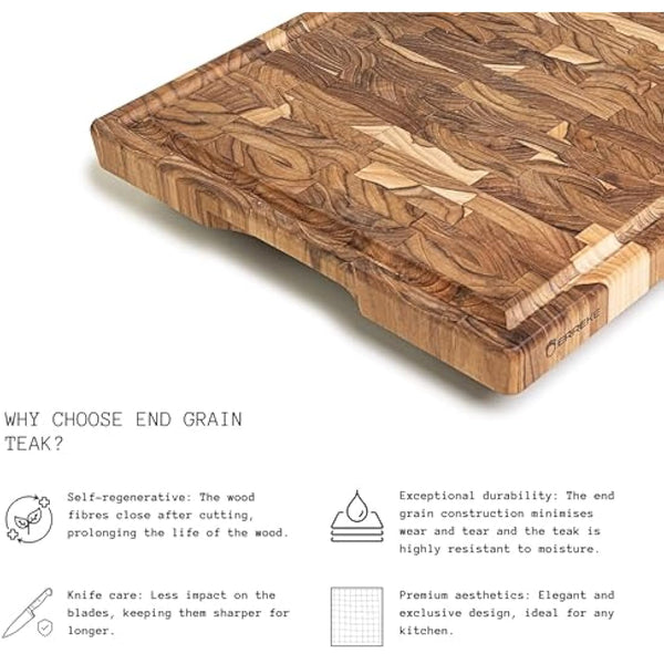 Erreke Wooden Chopping Boards, End Grain Extra Large Teak Wood Chopping Board, Non-Slip Feet, Ideal for Kitchen or Barbecue, Serve or Chop Food Meat Cheese Bread, 58 x 38 x 3.2 cm (with Juice Groove)
